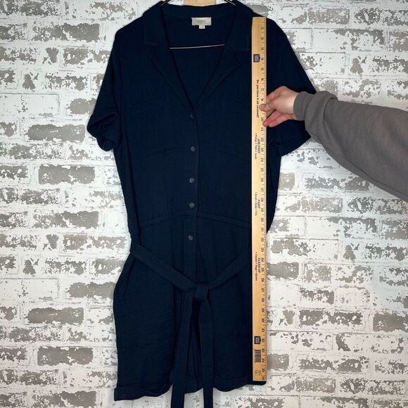 Loft | women navy blue gauzy romper shorts button up - Picture 7 of 12